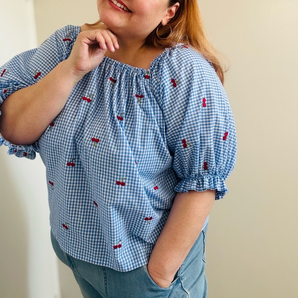 Cherry embroidered, Blue Gingham Smock blouse, 2X